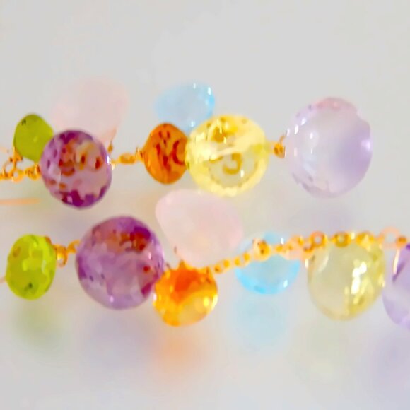 14K Gold Multi Gemstone Amethyst Kisses Briolette Chandelier Earrings - Picture 3 of 8